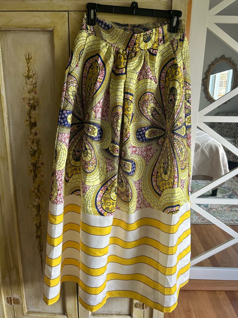 Yellow Floral-Print Maxi Skirt with Striped Hem